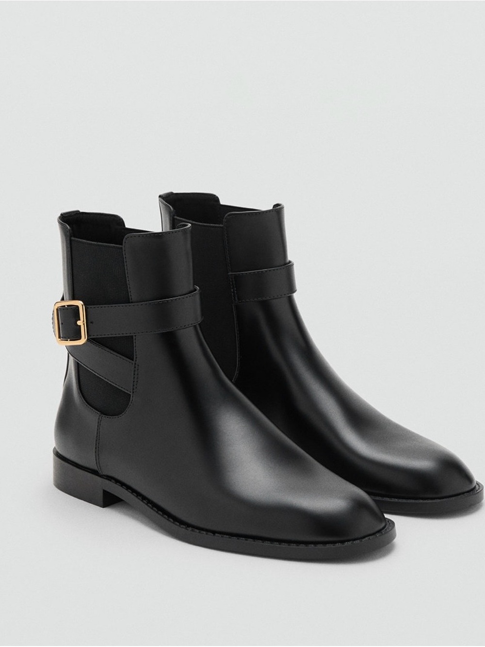 Mango Black Leather Ankle Boots with Gold Buckle